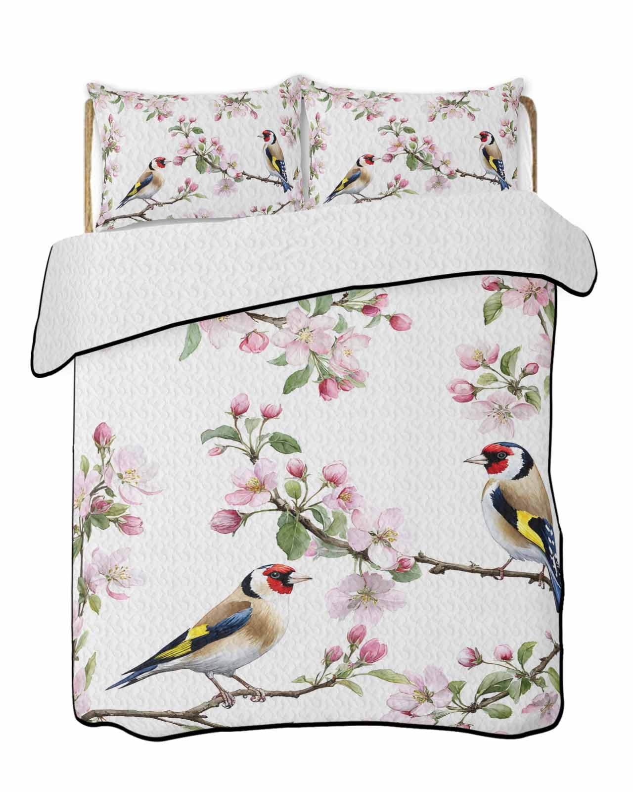 Floral Birds 3 Piece Quilt Bedding Set with 2 Pillow Shams, Spring Pink Cherry Blossom Birds Lightweight Bedspread Coverlet, Soft Breathable All Season Quilt, 96 x 106 Inch