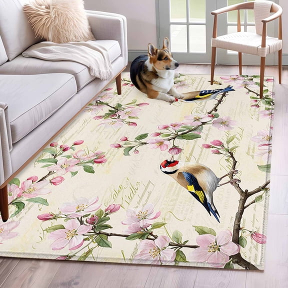 Floral Birds 4x6 Area Rugs for Living Room, Spring Pink Cherry Blossom Birds Beige Script Non Slip Floor Mat Washable Low-Profile Indoor Carpet for Bedroom, Dining Room, Bathroom