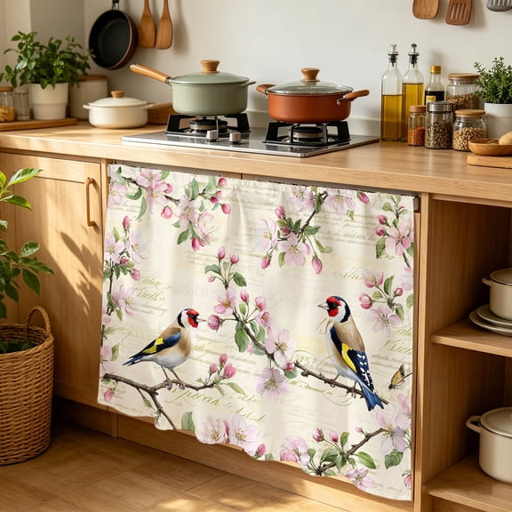 Floral Birds Cabinet Curtains for Kitchen 35"W x 35"L, Spring Pink Cherry Blossom Birds Beige Script Laundry Sink Cabinets Magic Tape Short Curtain Privacy Panel for Bathroom Vanity Cabinets