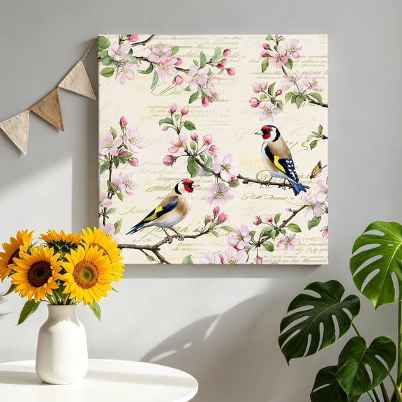 Floral Birds Canvas Wall Art, Spring Pink Cherry Blossom Birds Beige Script Pictures Wall Decor Wooden Framed Artwork Art Prints for Living Room Hallway Bedroom Office 8"x8"