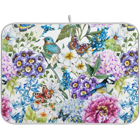 Floral Birds Dish Drying Mat for Kitchen Spring Globe Daisy Butterfly Flowers Microfiber Drying Mats Absorbent Reversible Dish Pad Large Dish Draining Mat 18x24 inch