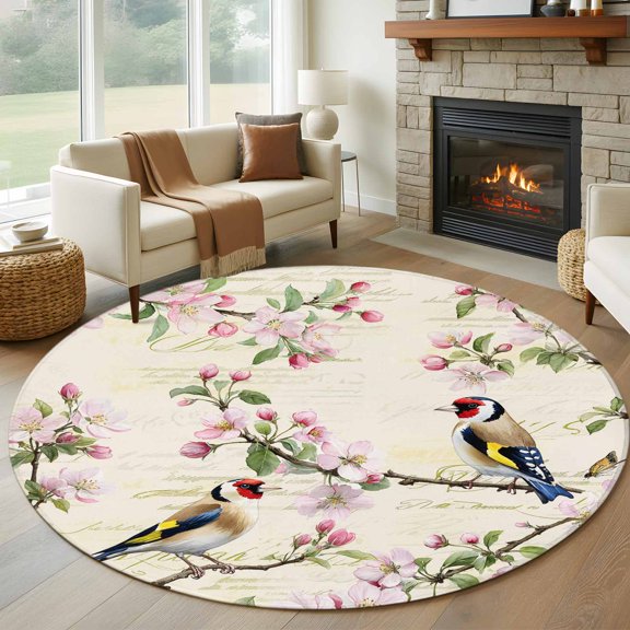 Floral Birds Large Round Rug 8Ft Spring Pink Cherry Blossom Birds Beige Script Circle Area Rugs Washable Non Slip Indoor Floor Mats Carpet for Living Room Bedroom Dining Room Home Decor