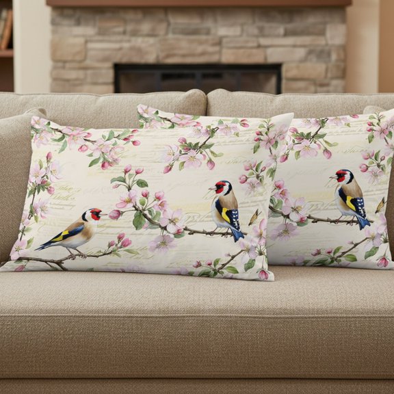 Floral Birds Pillow Covers Set of 2, Spring Pink Cherry Blossom Birds Beige Script 12x20 Inch Decorative Throw Pillow Covers Soft Pillowcases with Zipper for Couch Sofa Bed Chair