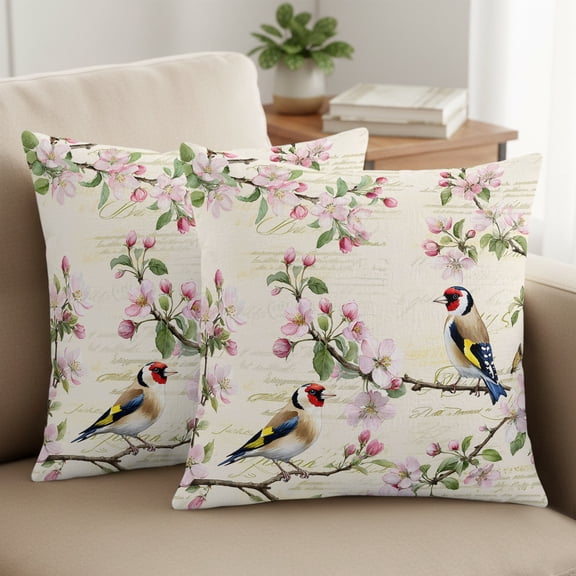 Floral Birds Pillow Covers Set of 2, Spring Pink Cherry Blossom Birds Beige Script 16x16 Inch Decorative Throw Pillow Covers Soft Pillowcases with Zipper for Couch Sofa Bed Chair