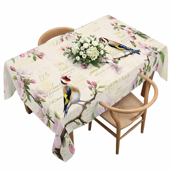 Floral Birds Rectangle Tablecloth Spring Pink Cherry Blossom Birds Beige Script Waterproof Wrinkle Free Soft Table Cloth Spill-Proof Washable Table Cover for Dining Party Picnic 60 x 120 Inch