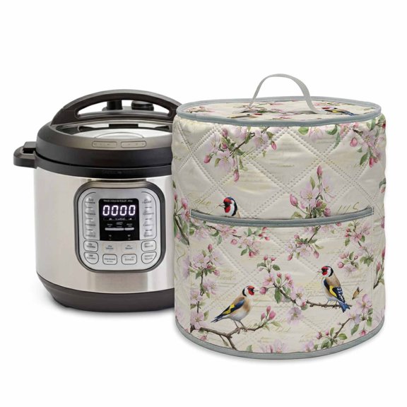 Floral Birds Rice Cooker Cover 6 Quart Spring Pink Cherry Blossom Birds Beige Script Pressure Cooker Cover Appliance Protector Dust Case with Pocket and Handle for Kitchen