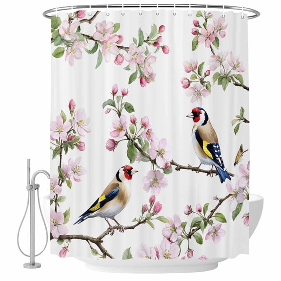 Floral Birds Shower Curtain Set with Hooks, Spring Pink Cherry Blossom Birds Water Repellent Shower Curtains for Bathroom Decor Sturdy Shower Curtain, Machine Washable 36x72 Inch