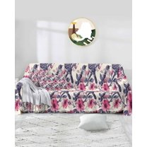 Floral Birds Sofa Covers for 3 Cushion Couch,Washable Sectional & L Shape Couch Covers for Dog/Cat/Kid,Vintage Blooms Botanical Leaves Red Non Slip Sofa Slipcover Tassel Futon Cover 71''x150''
