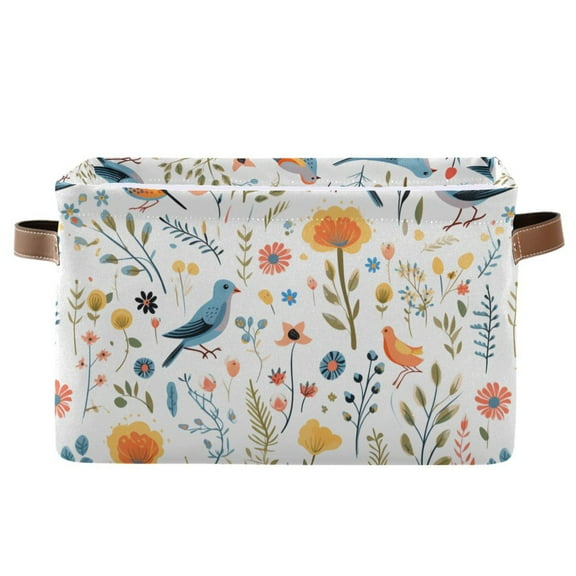 Floral Birds Storage Basket Large Foldable Storage Bin Laundry Baskets Toys Box Book Foldable Organizer Bag 14.2x10.2x8.3 Inches 1 PC