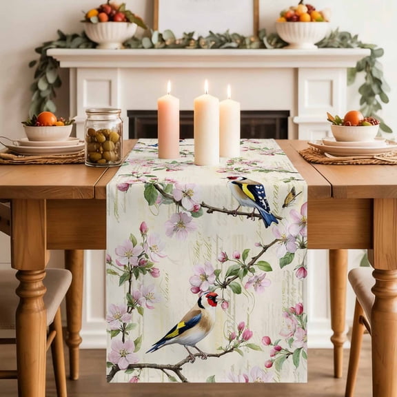 Floral Birds Table Runner, Spring Pink Cherry Blossom Birds Beige Script Washable Cotton-linen Table Runners Dining Kitchen Decoration for Everyday Home Wedding Party Decor, 13 x 48 Inch