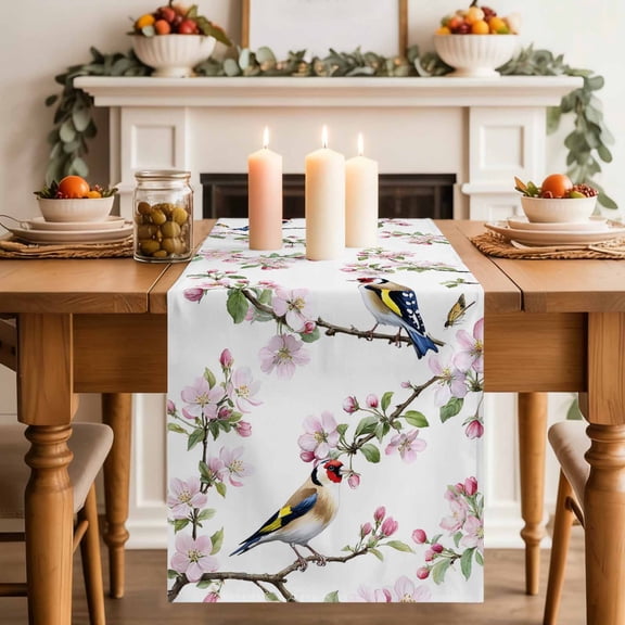 Floral Birds Table Runner, Spring Pink Cherry Blossom Birds Washable Cotton-linen Table Runners Dining Kitchen Decoration for Everyday Home Wedding Party Decor, 13 x 36 Inch