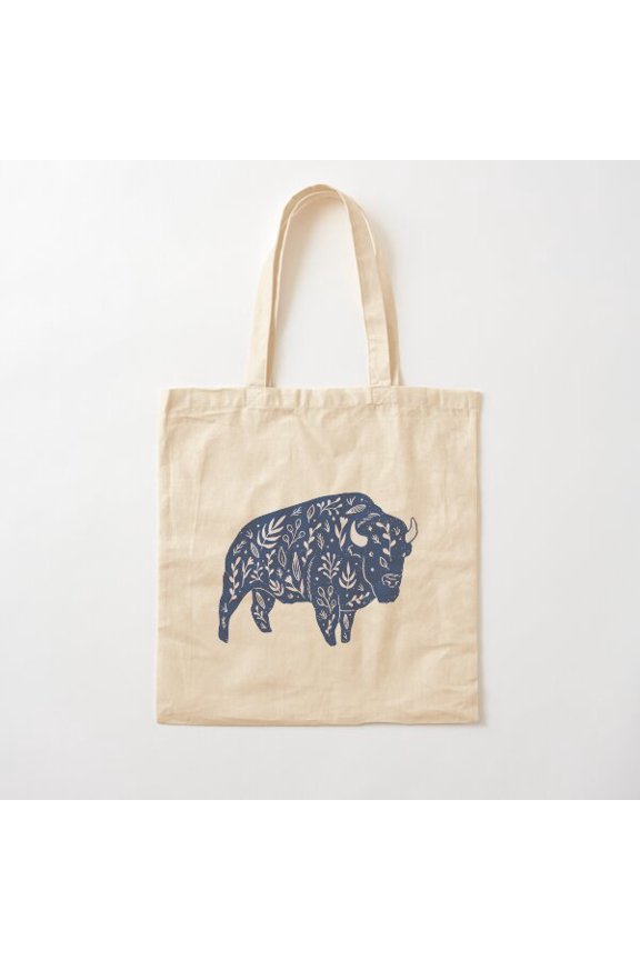 Floral Bison Canvas Tote Bags, Reusable Shopping Bag