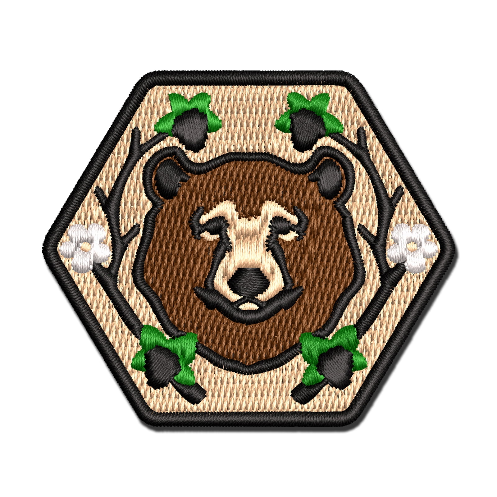 Floral Black Bear Head with Flowers and Blackberries Applique Multi-Color Embroidered Iron-On Patch - 3.5 Inch Large