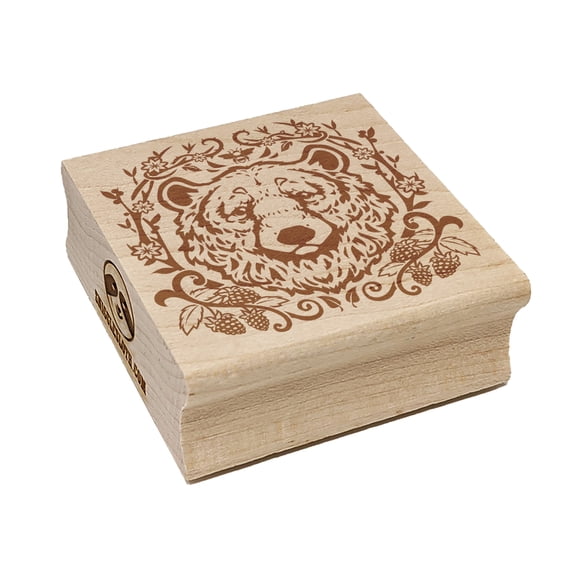 Floral Black Bear Head with Flowers and Blackberries Square Rubber Stamp Stamping Scrapbooking Crafting - Large 2.75in