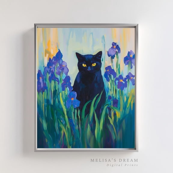 Floral Black Cat Art Whimsical Pastel Feline Home Decor Unframed Paper Print