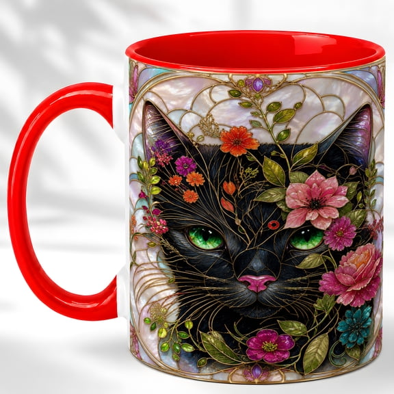 Floral Black Cat Coffee Mug, Stained Glass Cat Mug, Ceramic 11 oz