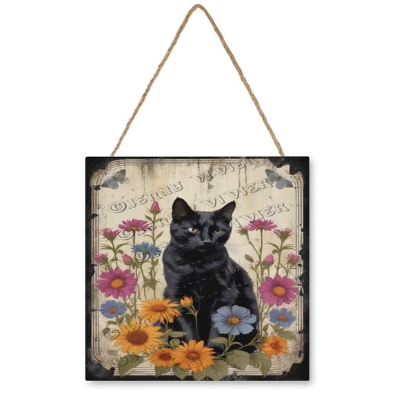 Floral Black Cat Decor Wood Hanging Sign Square Wall Decor for Girls Dorm, Cat Wall Art Ready to Hang for Office Living Room Home Decorations 12"x12"