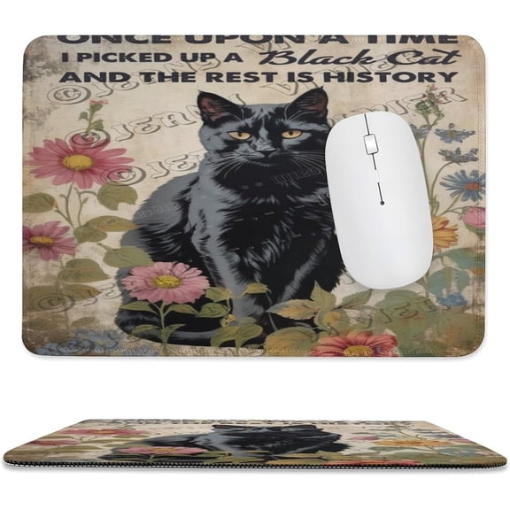 Floral Black Cat Gaming Mouse Pad Custom, Kitty Mouse Pads for Wireless Mouse Desk Accessories,Small Mouse Pads for Desk,Stitched Edge Mousepad with Non-Slip Rubber Base 8"x10"