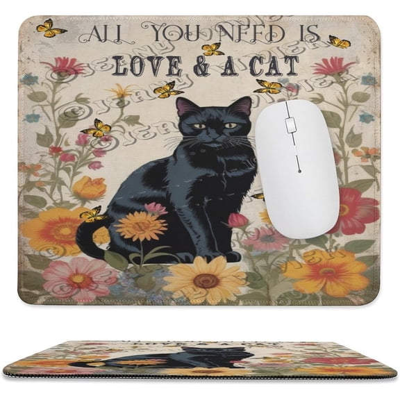 Floral Black Cat Gaming Mouse Pad Custom, Mouse Pads for Wireless Mouse Desk Accessories,Small Mouse Pads for Desk,Stitched Edge Mousepad with Non-Slip Rubber Base 10"x12"