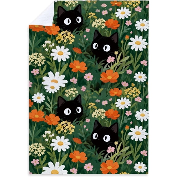 Floral Black Cat Kitchen Towels, Black Cat Gifts for Women Dish Tea Towels for Kitchen Decor, Cottagecore Kitty Decorative Hand Towel for Bathroom, 16x24 Inch