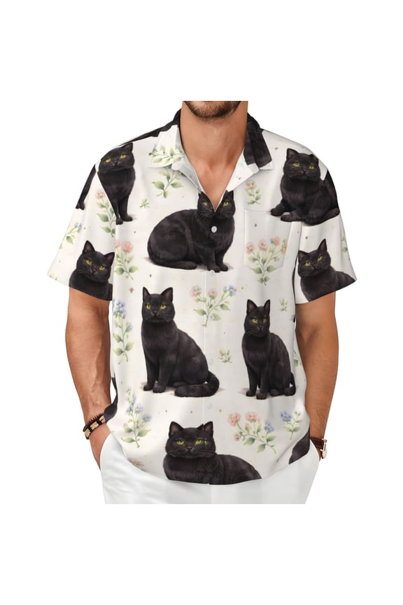 Floral Black Cat Men'S Short-Sleeved Shirts with All-Over Prints for Indoor and Outdoor Wear