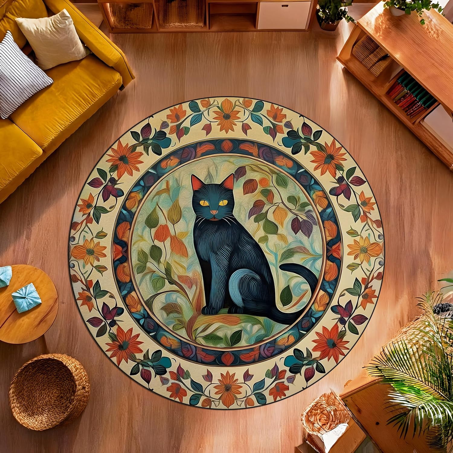 Cat Loop Rug Floral Black Cat Round Area Rug, boho mystical feline circle carpet for ...