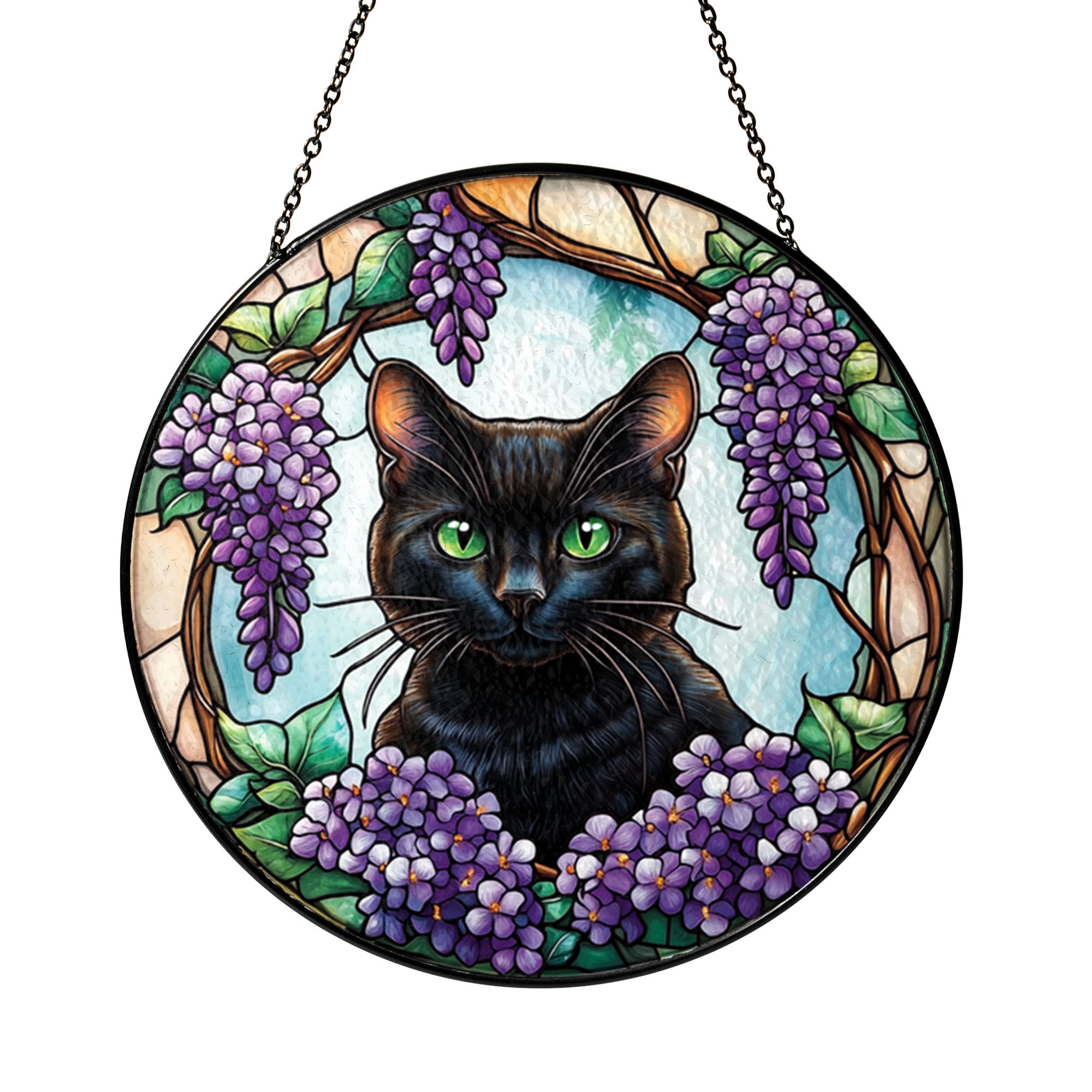 Floral Black Cat Suncatcher, Faux Stained Glass Window Hanging ...