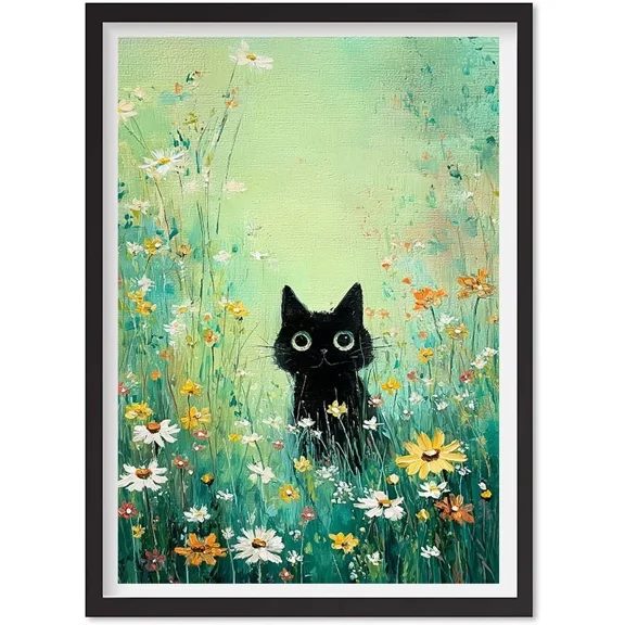 Floral Black Cat Vintage Art Poster : Wildflower Maximalist Wall Art Decor, Matte Canvas Stretched, Posters for Room Bedroom Living Room Bathroom Wall Decor, Posters & Art Prints, Gift.