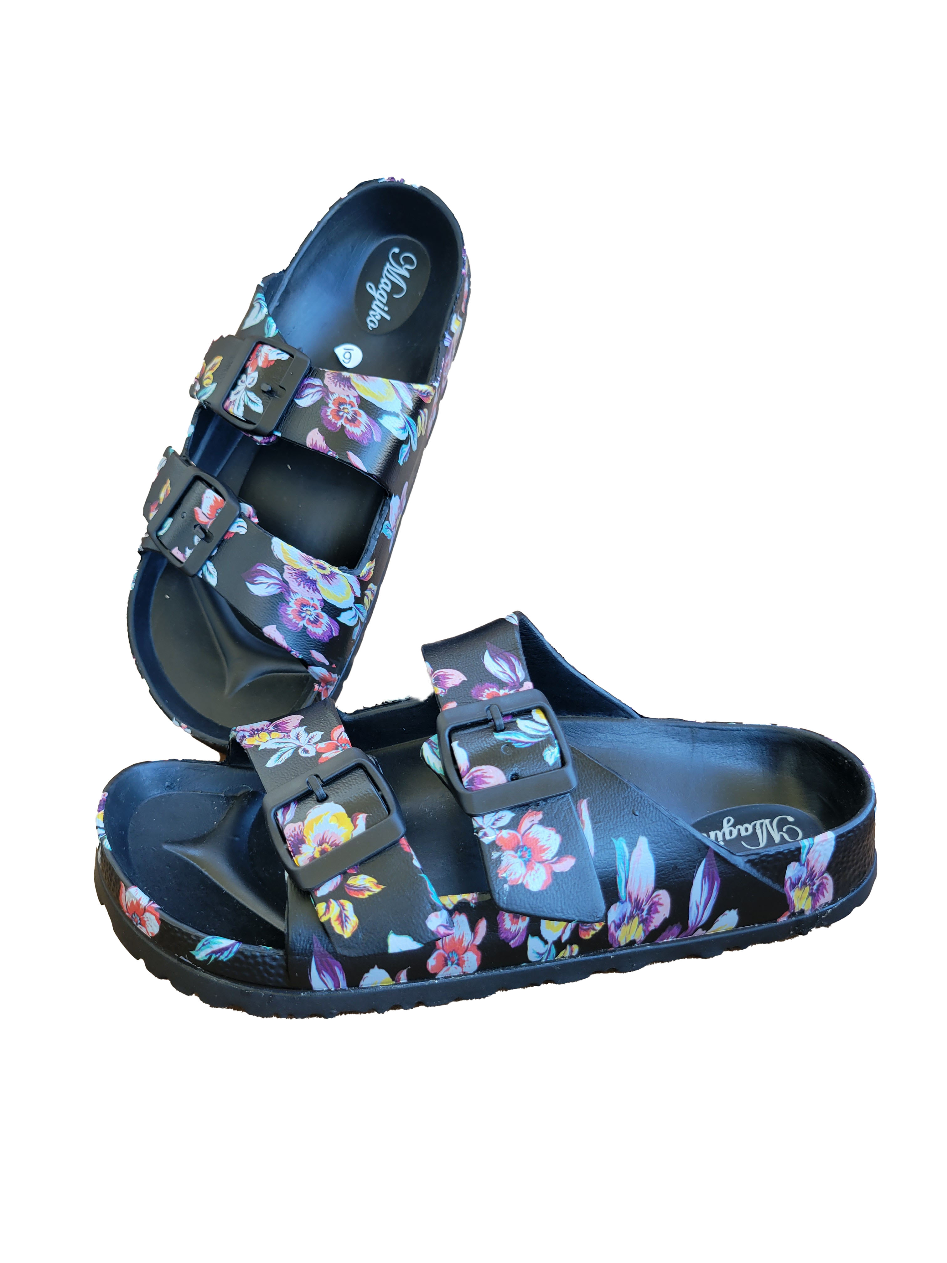 Floral Black EVA Slides Sandals Adjustable Double Buckle Strap Women ...