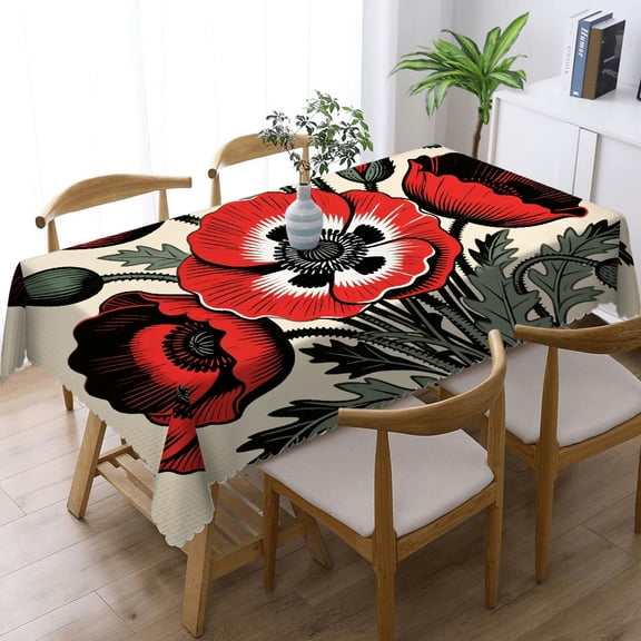 Floral Black Red Poppy Flower Rectangular Tablecloth, Kitchen Accessories - Polyester Tablecloths Tablecloths for dining table, Cafe, dinner, picnic
