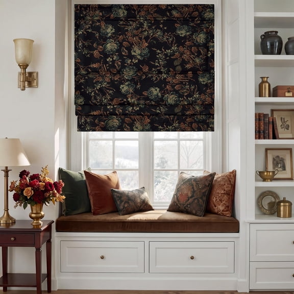Floral Black Roman Shades 34"W x 64"L (Pack of 1) for Bedroom Living Room