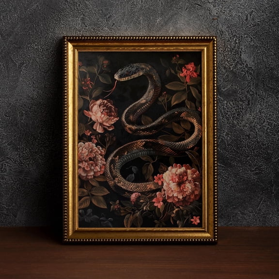 Floral Black Snake Poster,Dark Academia Wall Art, Gothic Black Snake, Cottagecore Snake Poster, Vintage Floral Snake,Snake Lover Gift, F038.8, 8x12 UNFRAMED