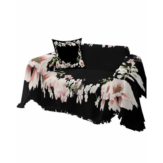 Floral Black Sofa Couch Covers for Dog,Washable Sofa Throw Cover Single Slipcovers for Armchair with Tassels,Vintage Botanical Blossom Spring Summer Couch Protector Towel Blanket Medium 71''x91''
