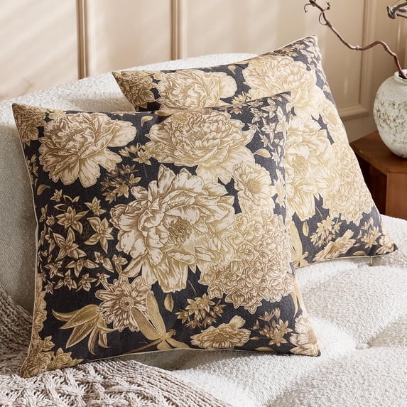 Floral Black Vintage Pillow Covers 18x18 Inch Set of 2 Farmhouse Block Print Pillow Covers Decorative Throw Pillow Covers Neutral Accent Couch Pillows for Living Room Sofa Bed Home Decor