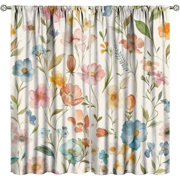 Floral Blackout Curtain, Boho Watercolor Flower Plant Botanical Window Treatment Curtains For Cafe Bedroom Office Dining Room Living Room Kitchen Drapes 26"W x 45"L (Pack of 2)