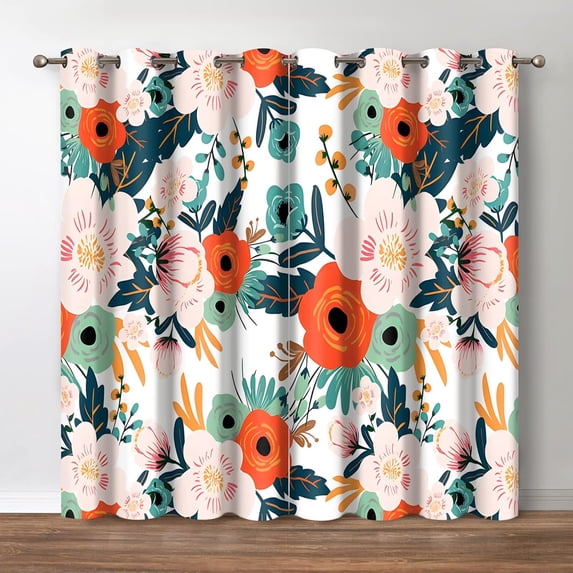 Floral Blackout Curtains Colorful Flowers Green Leaves Decor Home Bedroom Living Room Darkening Grommet Window Drapes 2 Panel Set, 52"x84"