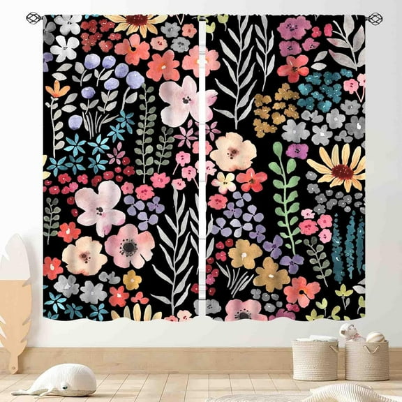 Floral Blackout Curtains, Farmhouse Watercolor Wildflower Spring Flower Garden Plant Botanical Aesthetic Country Rustic Window Curtains for Living Room Bedroom Kitchen Bathroom 2 Panels, 42"x54" Inch