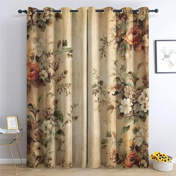Floral Blackout Curtains for Living Room Bedroom, Thermal Insulated Room Darkening Grommet Drapes, Vintage Flower Rustic Shabby Chic Window Curtains-42"W x 63"L (Pack of 2)