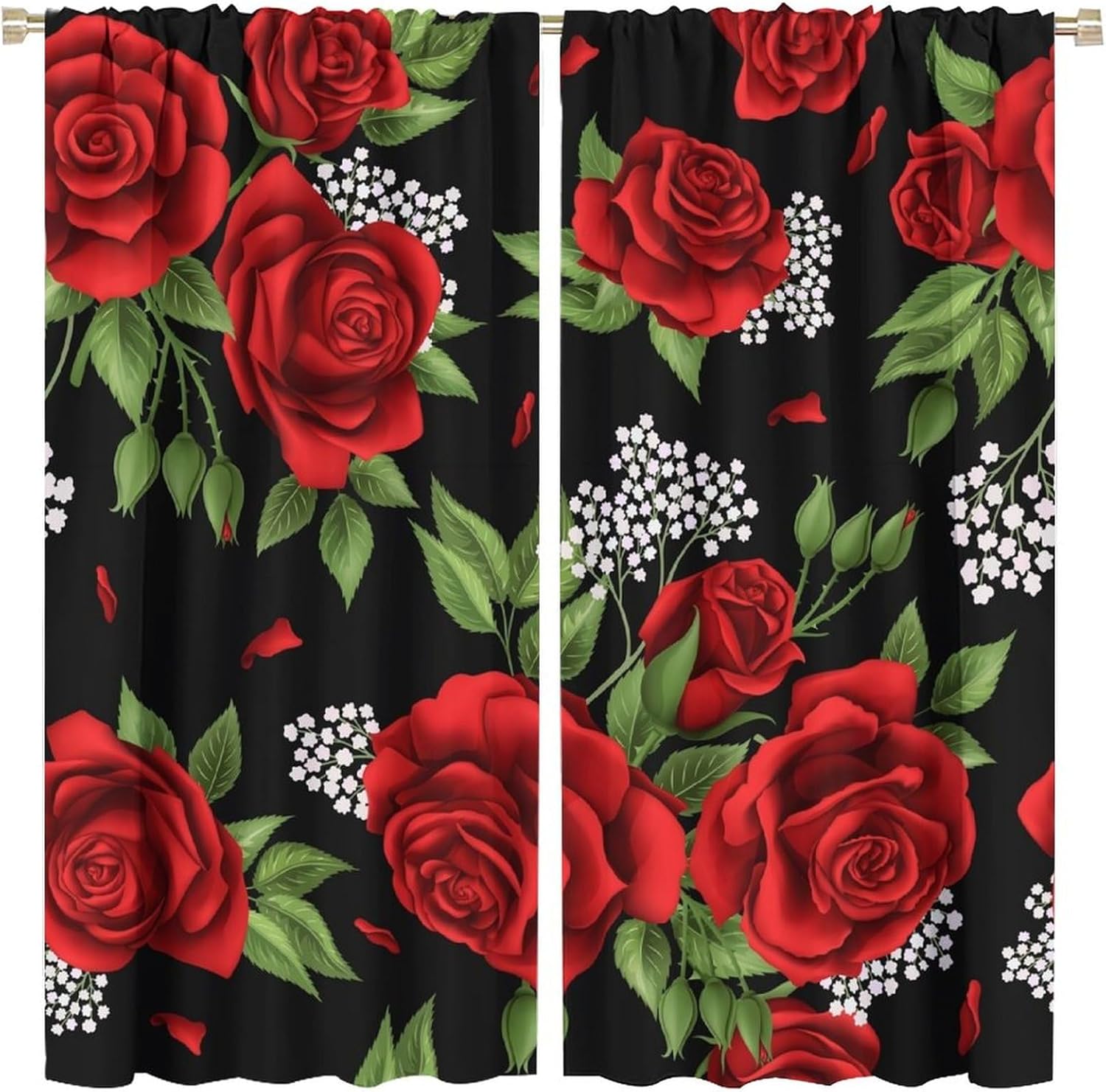 Floral Blackout Curtains Vintage Red Rose Green Leaf Romantic Beautiful ...