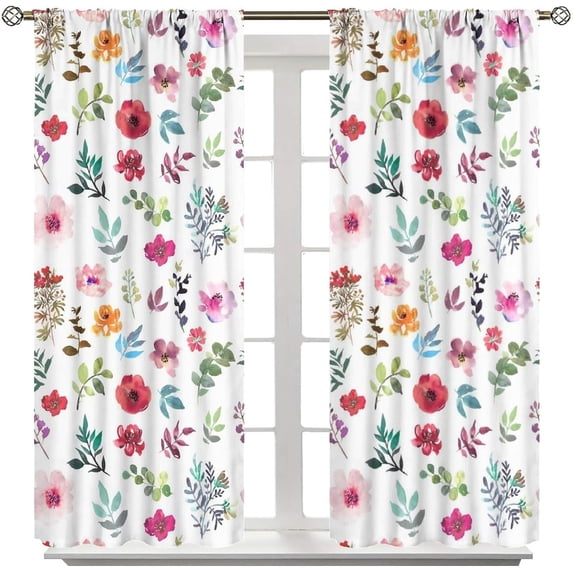 Floral Window Curtain Panels 42" x 63", Colorful Watercolor Flower and Leaf Drapes for Bedroom Living Room Kitchen Farmhouse Home Decor