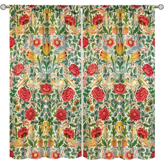 Floral Blackout Curtains, William Morris Watercolor Vintage Floral Curtains Patterned Curtains Retro Flower Art Boho Window Treatments for Living Room Bedroom Decor Drapes,55x63 Inch