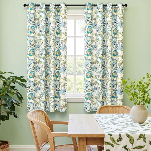 Floral Blackout Eggshell Teal Curtains 63 Inch Length for Living Room Bedroom 2 Panels Lined Grommet Window Drapes Thermal Rustic Farmhouse Classic America Style Curtains