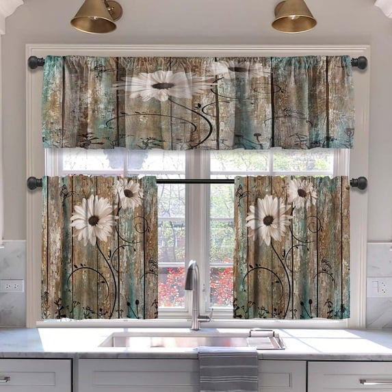 Floral Blackout Kitchen Curtains Tiers and Valances Set 3 Piece for Windows Butterfly Kitchen Window Curtains Set,Farmhouse Wooden Texture Valances for Living Room(36" Tiers Set)