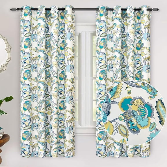 Floral Blackout Teal Curtains 63 Inch Length for Living Room Bedroom 2 Panels Lined Grommet Window Drapes Thermal Rustic Farmhouse Classic America Style Curtains
