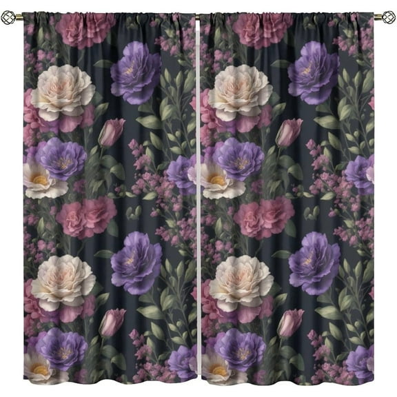 Floral Blackout Window Curtains, Watercolor Multicolor Flowers Botanical Leaf Plant Print Window Drapes, for Living Room Bedroom 84" W X 84" L