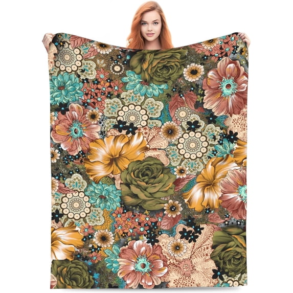 Floral Blanket Gifts for Girls Women for Living Room Bedding Couch Soft Lightweight Warm Cozy Vintage Flowers Print Boho Ethnic Flower Throw Blankets Farmhouse Decor 60X80in