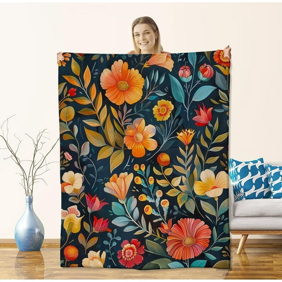 Floral Blanket, Soft Flannel Throw with Colorful Leaf and Wildflower, Cozy Decorative Accent for Sofa Couch Bed Living Room, Ideal Decor Gifts for Girl Flower Lovers, 60x50 Inch