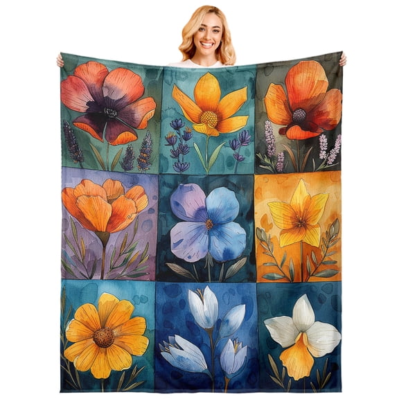 Floral Blanket, Soft Flannel Throw with Colorful Leaf and Wildflower, Cozy Decorative Accent for Sofa Couch Bed Living Room, Ideal Decor Gifts for Girl Flower Lovers