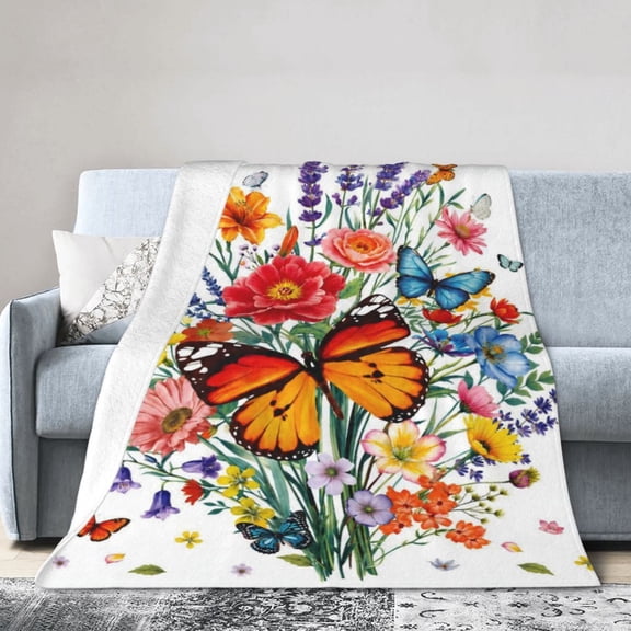 Floral Blanket Ultra Soft Butterfly Flowers Throw Blankets Wildflower Leaves Flannel Fleece Throw Watercolor Warm Cozy Fuzzy Plus Gift Cabin Blanket for Bed Sofa 50x40