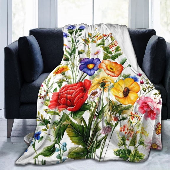 Floral Blanket Vintage Flowers Blankets Butterfly Wildflowers Throw Blanket Soft Cozy Flannel Fleece Throw Blanket Colorful Daisy Plants Bed Blanket for Couch Sofa 50x40